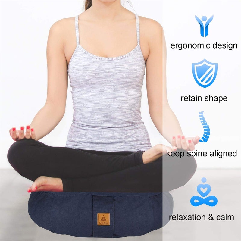 FelizMax Crescent Zafu Meditation Pillow, 44 x 28 x 14 cm, Zabuton Yoga Bolster, Meditation Cushion, Floor Pouf, Yoga Pillow, Zippered Organic Cotton Cover, Natural Buckwheat, Kneeling Pillow Large-Navy Blue - Image 3